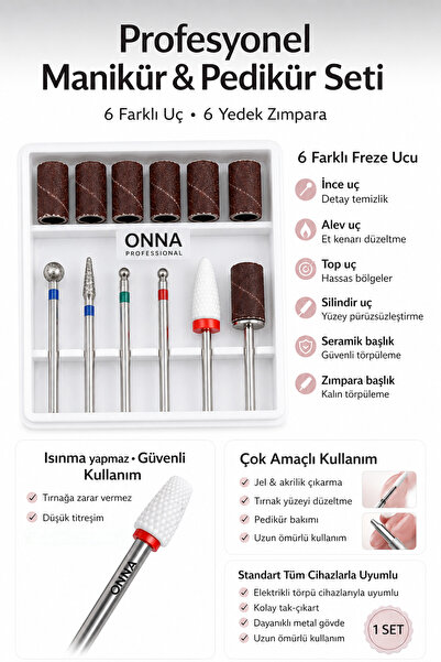 ONNA PROFESSIONAL Profesyonel Manikür Pedikür Seti – 6 Parça Tırnak Freze Ucu...
