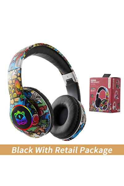 Choice سماعات رأس بلوتوث سوداء برسومات جرافيتي، لاسلكية، مزودة بإضاءة RGB LED...