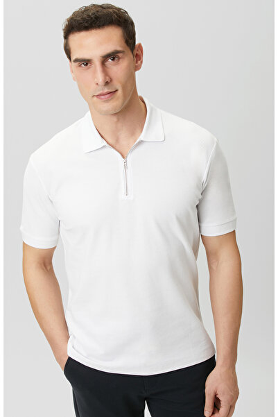 Network Slim Fit Beyaz Polo Yaka Jakarlı Pike T-shirt