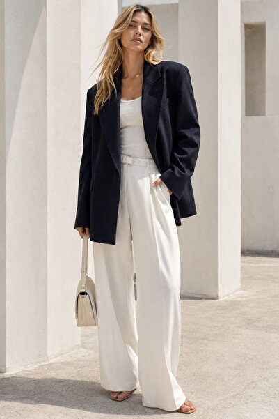 Madmext Lacivert Keten Blazer Kadın Ceket Mg2443