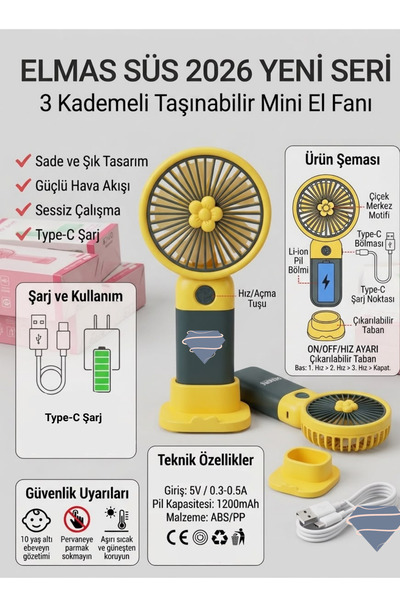 E Elmas 2026 Seri 3 Kademeli USB Şarjlı Mini El Fanı Taşınabilir Sessiz Masaü...