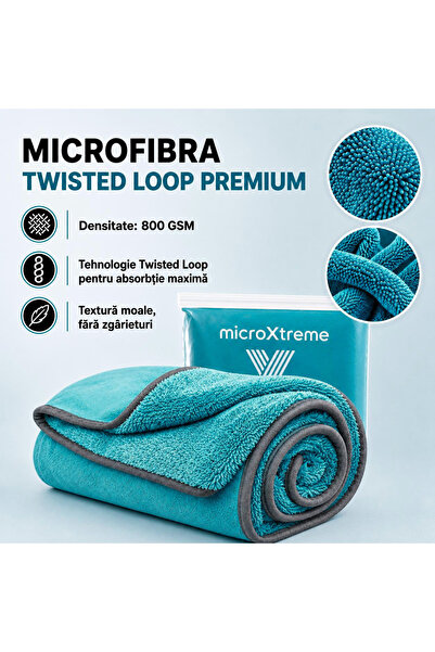microXtreme Prosop Uscare Auto Profesional, 90 × 70 cm, X-DRY Edition, Microfibră Twisted Loop Premium, Super absorbant, Fără urme si scame, Turcoaz