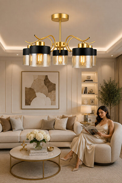 ESSLİGHT Alaska 5’li Eskitme Bal Camlı Modern Salon Mutfak Yatak Odası Avizesi