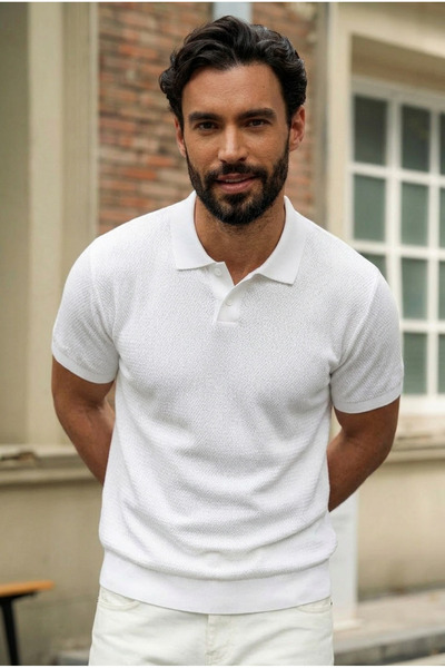 DAMGA JEANS تي شيرت رجالي ذو ياقة بولو منسوجة باللون الأبيض وأكمام قصيرة