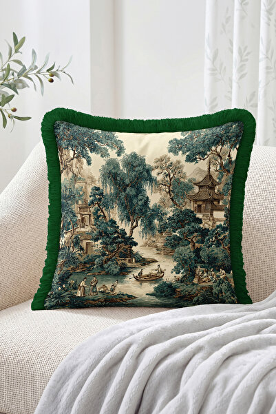 Realhomes Traditional Far East Landscape and Pagoda Temple Pattern Green Frin...