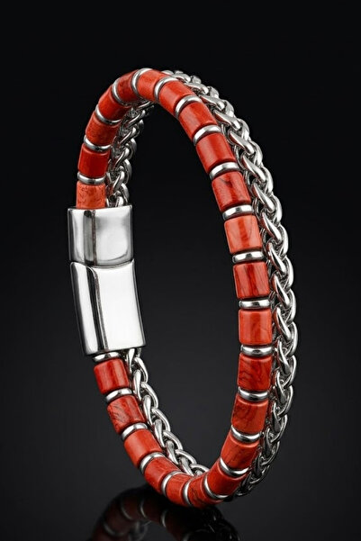 OSMANLI GÜMÜŞ Men's Steel Bracelet with Agate Brick Color Natural Stone and S...