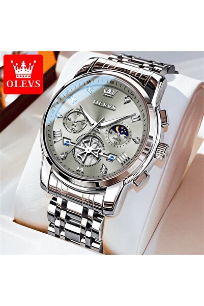 Choice7 ساعات OLEVS 2856 كوارتز للرجال باللون الرمادي الفضي، تصميم عصري بعجلة...