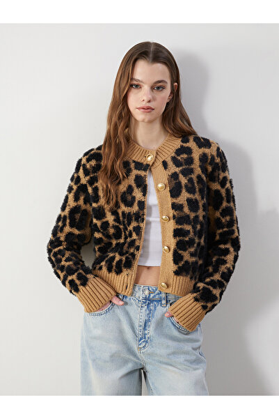 LC Waikiki Xside Brown Crew Neck Leopard Print Women's Knitwear Cardigan