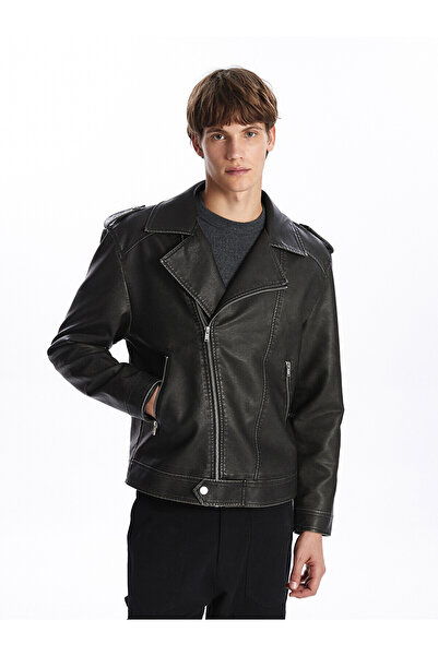 LC Waikiki Xside Black Slim Fit Biker Collar Men's Leather Look Jacket
