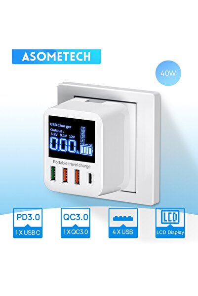 ASOMETECH EU ASOMETECH 40W USB Wall Charger 4 Port With LED Display QC3.0 PD3...