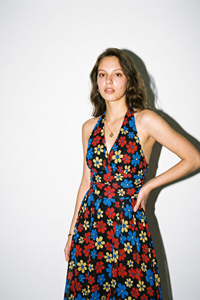 Purpleclo Black Multicolor Daisy Patterned Halter Neck Midi Dress