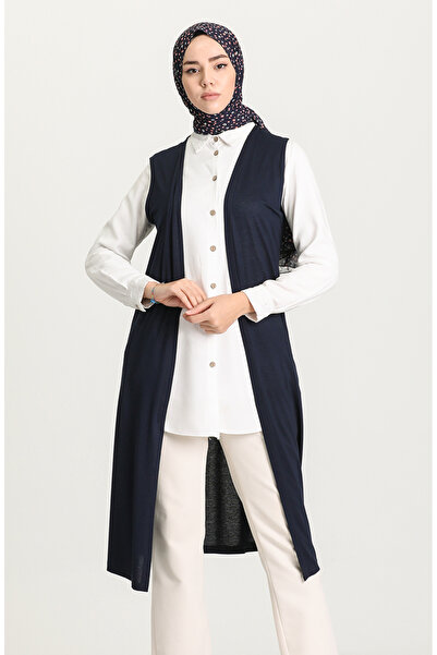 sefamerve Navy Blue Seasonal Long Vest - Plain Flowy 8736-01