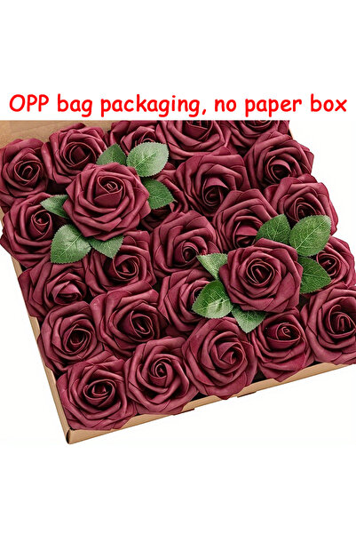 Choice Burgundy 25pcs Artificial Flowers, Fake Flowers Roses W/stem For DIY W...