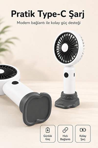 indirimsevinci 3 Kademeli Şarjlı Mini El Fanı Sessiz Taşınabilir Serinletici Fan