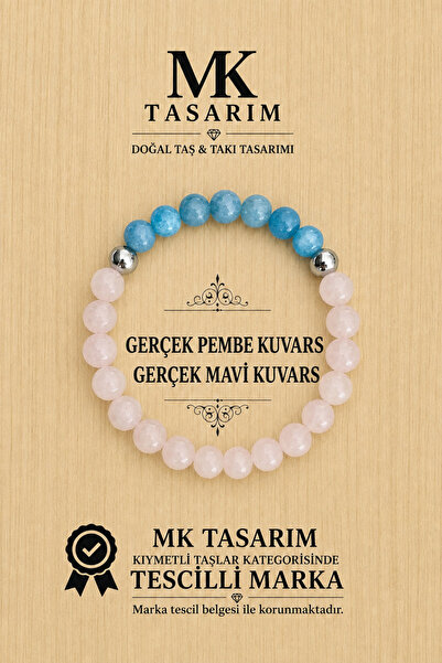 MK tasarım Relaxation, Calm, Energy Bracelet Real Pink Quartz & Blue Quartz S...