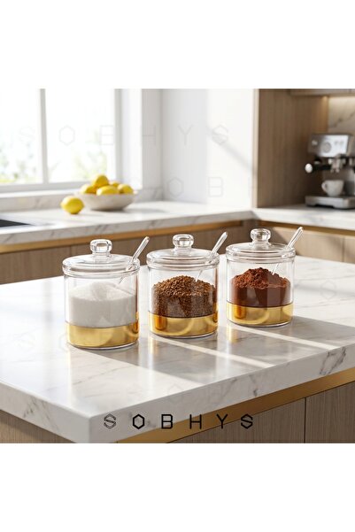 SOBHYS Acrylic Sugar Bowl with Gold Base, Lid, and Spoon