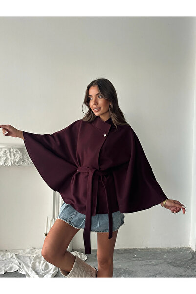 mydukkan.co Kaşe Belted Cape Coat - Burgundy
