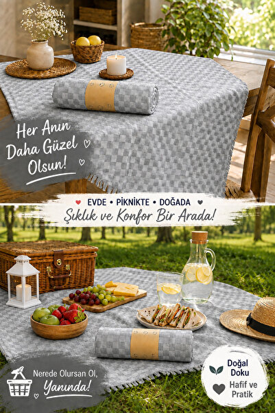 garaccu Şık Masa Örtüsü Pötikareli Piknik Örtüsü Sofra Bezi 130x170 Cm Gri