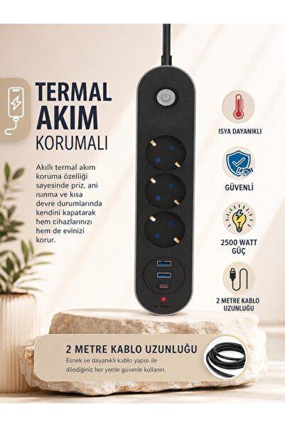 FEDDY Termal Akım Korumalı 3lü Priz 2-usb 1-usbc 2Mt Kablo Aç Kapa Anahtar 25...
