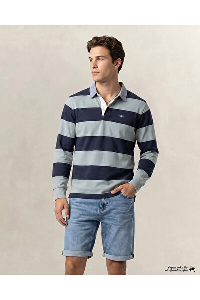 Gant Erkek Yeşil Regular Fit Çizgili Logolu Polo Yaka Rugby T-Shirt