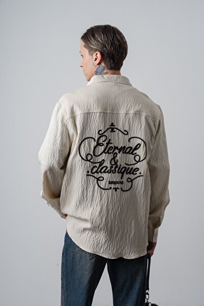 Respire Men's Eternal Embroidered Long Sleeve Linen Oversized Shirt Beige