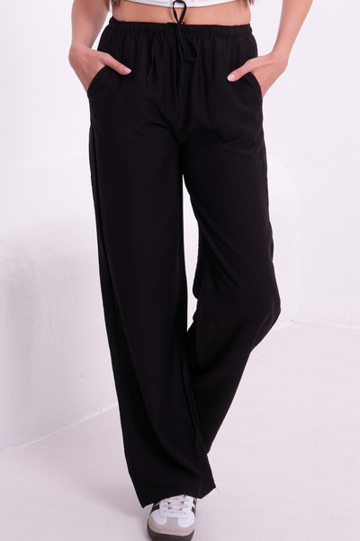 COTTONLAB Black Linen Effect Loose Fit Waist Tie Pants