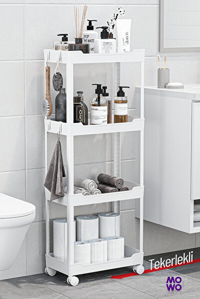 Mowo Home Mowo 4 Katlı Beyaz Tekerlekli Banyo Rafı, Mutfak Rafı, Havluluk, De...