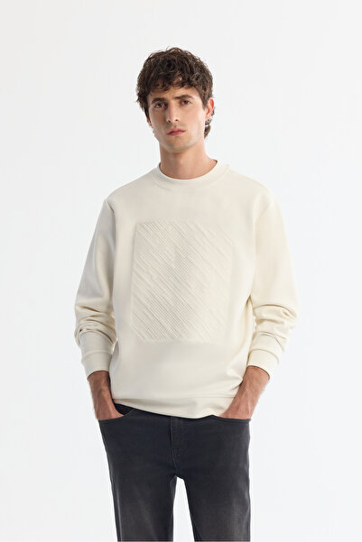 Avva Men's Ecru Crew Neck Cotton Printed Elastane Regular Fit Sweatshirt A42Y...
