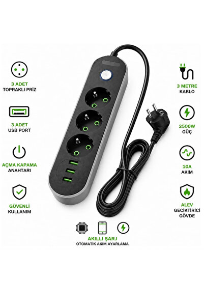 Arfseb Akım Korumalı 3'lü Grup Priz 3 USB Şarj Girişli Anahtarlı 2500W 2 Metre Uzatma Kablosu
