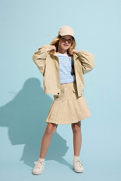 DeFacto Pleated Gabardine Light Beige Mini Skirt Girls H9207A826Au