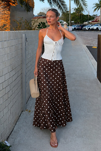 Seeh Brown Polka Dot Maxi Women's Satin Skirt Sh385