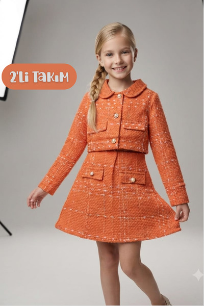 Hilal Akıncı Kids Girls' Gold Button Cropped Jacket and Skirt 2-Piece Set wit...