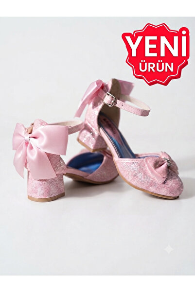 PATİK BEBE Girls' Pink Shiny Bow-Tie Mini Comfortable Heels Stylish Dressy Shoes