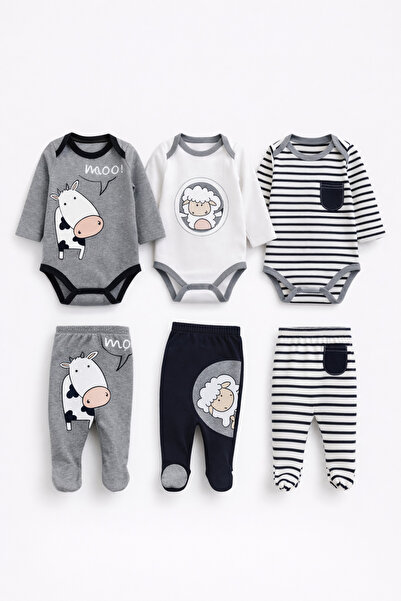 Bubito Bebek Kuzu ve İnek Desenli 6'lı 3 Body 3 Patikli Alt Seti - Gri Beyaz Çizgili