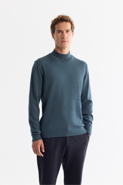 Avva Men's Petrol Blue Half Turtleneck Jacquard Wool Blend Knitwear Regular F...