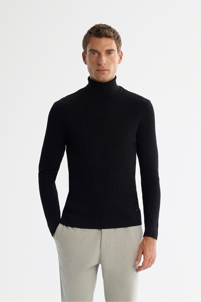 Avva Men's Black Full Turtleneck Wool Blend Jacquard Knitwear Regular Fit Swe...