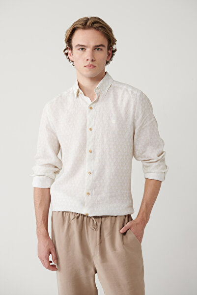 Avva Men's Beige Bottom Britli Collar Patterned 100% Linen Regular Fit Shirt ...