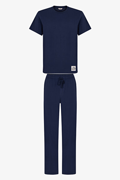 Penti Marineblaues Midnight Forest-Hosen-Pyjama-Set für Herren mit kurzen Ärmeln