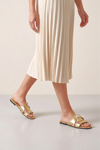 Gökhan Talay Velmira Women's Cross-Strapped Gold Metallic Square Stone Detail...