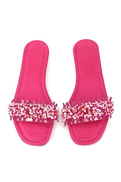Gökhan Talay Coral Fuchsia Shiny Satin Handmade Natural Stone Women's Slippers