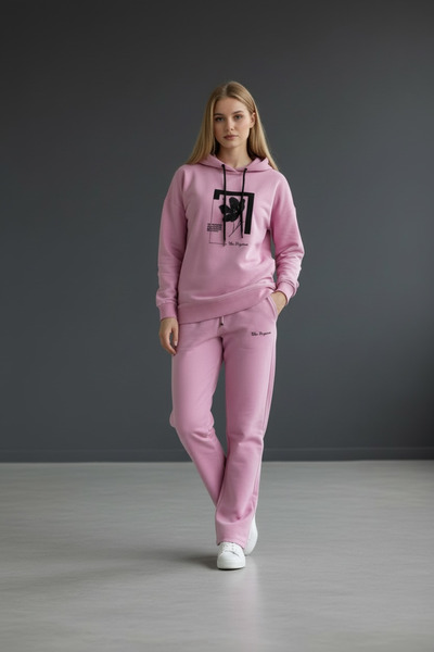 Piyera Women's two-thread hooded pocket floral print wide leg pink tracksuit ...