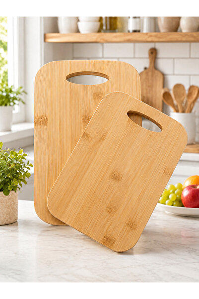 BAMORA %100 Bambu Kesme Tahtası 2’li Set – Büyük Boy 30x20 cm + Küçük Boy 26x18 cm – 8 mm Kalınlık – Doğal Kesim ve Sunum Tahtası