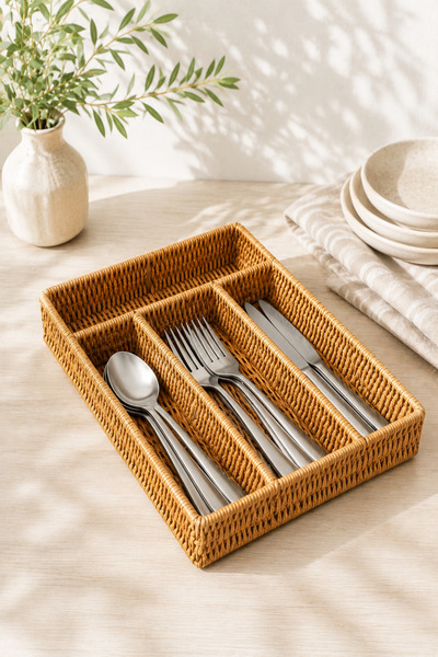 KaiHome Bamboo/Rattan 4 Compartments - Spoon Holder and Drawer Organizer