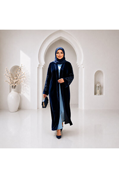 Muslima Wear Lacivert Japon Kadife Oryantal Desen Kollar Nakış İşlemeli Bilek...