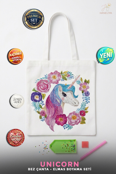 Haneliya Unicorn Figürlü Elmas Boyama Bez Çanta Hobi Kiti - Diamond Painting ...