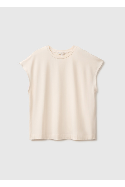 United Colors of Benetton Women's Cream Cotton Blend Short Sleeve Crew Neck Top