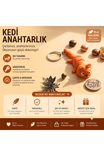 Turuncu Kedi Anahtarlık - Hareketli, Hediyelik, 3D Oyuncaklı Anahtarlık