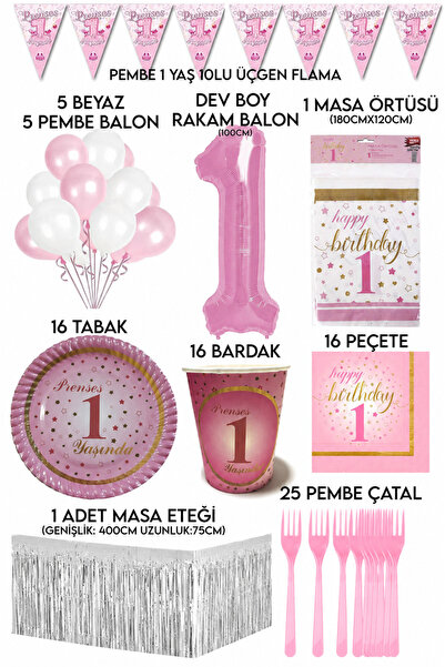 Parti dolabı 1 Year Old Girl Birthday Party Set for 16 People with Pink Numbe...