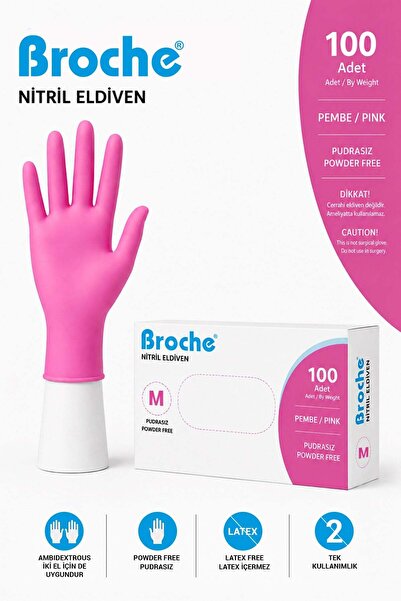 Broche Fuşya Pembe Nitril Muayene Eldiveni 100'lük Kutu - MEDİUM