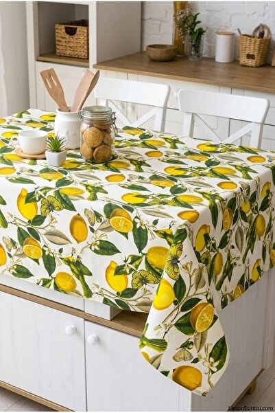 Rona Home Lemon Patterned Tablecloth Cotton Fabric Yellow Lemon Green Leaf Pa...
